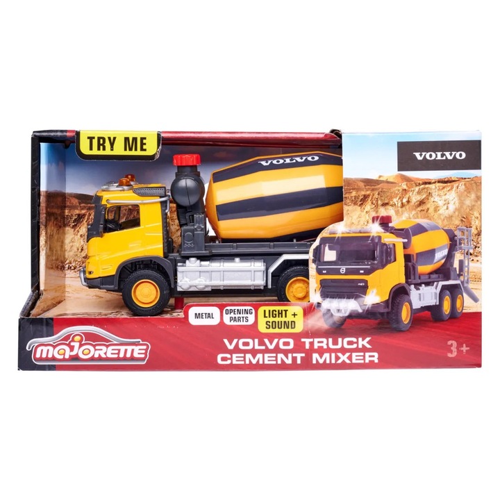 Majorette бетонобъркачка Volvo, 19 см, със звукови ефекти, подвижни колела, многоцветна