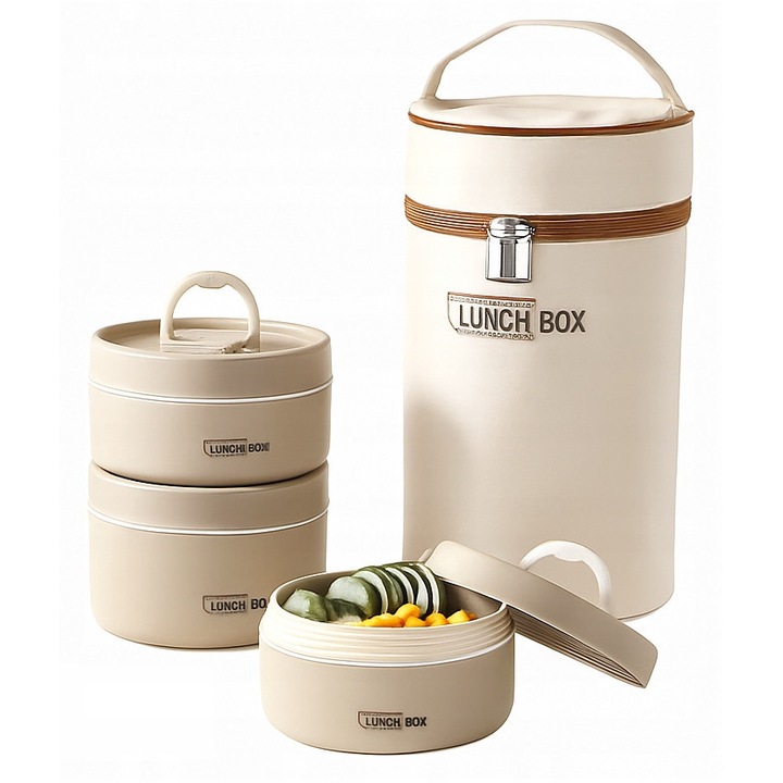 Termos pentru pranz Azaris, cu 3 niveluri, 1, 4 l, otel inoxidabil 304, geanta izoterma, inchidere etansa, dimensiune practica, design elegant, culoare gri, alb, set de 3, material otel inoxidabil, nou, original, EAN