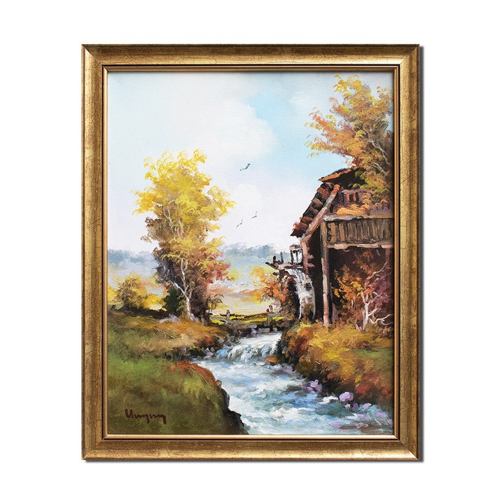Tablou peisaj cu moara de apa pictat manual inramat, 55x45cm ulei pe panza, rama din lemn, Geo Ungureanu