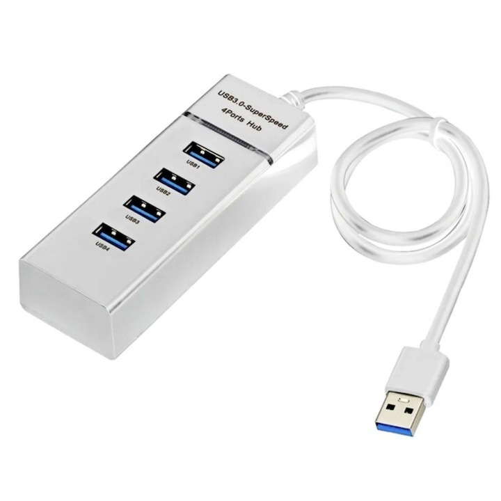USB 3.0 Hub 4 porttal, Hi-Speed, fehér – a kompakt megoldás a kiterjesztett csatlakozáshoz és a gyors adatátvitelhez