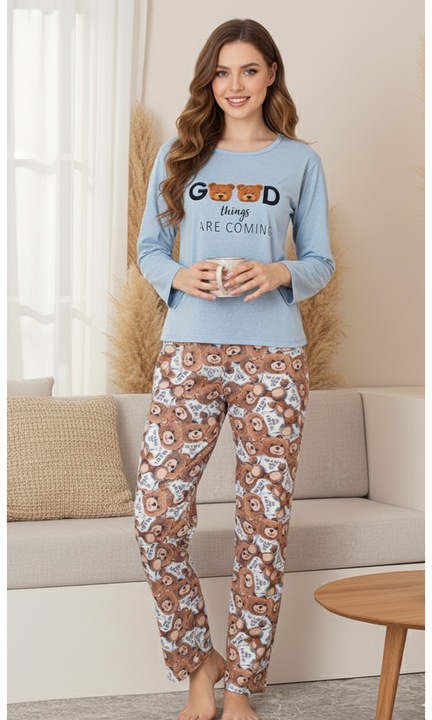 Pijamale bumbac Dama Confortabile cu Ursuleti maro/albastru 13213, Albastru