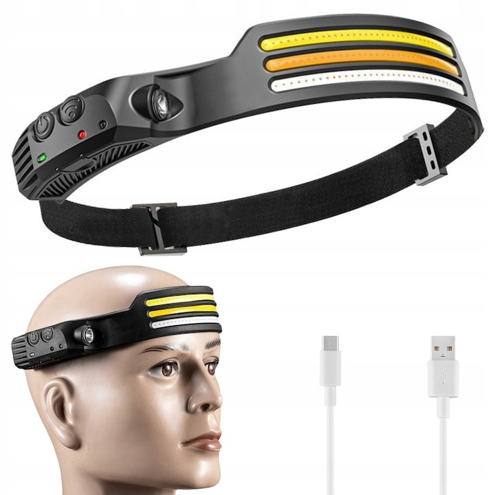 Lanterna frontala Dodaco, LED COB, 800lm, acumulator 1200mAh, neagra, 10x4cm