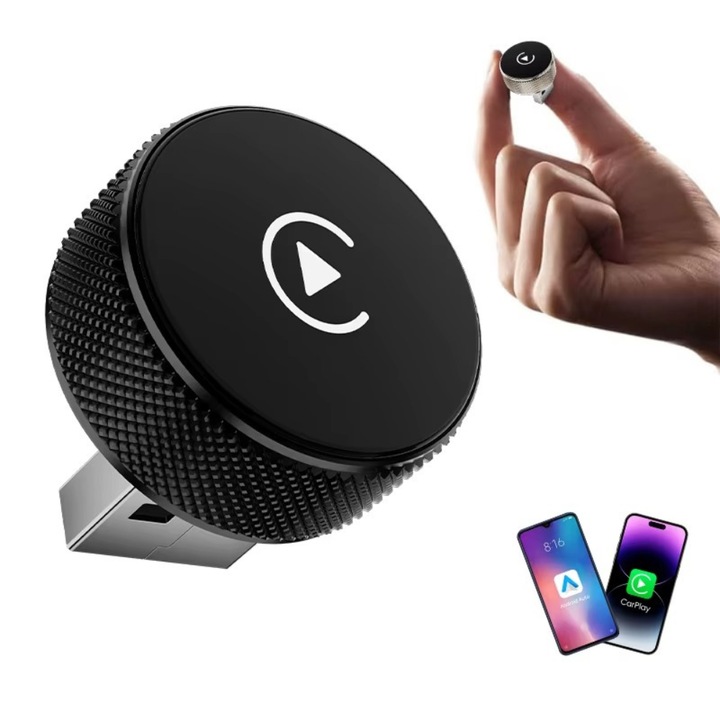 Adaptor Wireless, MAUEX, MiniDrive Q1AM, USB/Type-C, compatibil CarPlay & Android Auto, control vocal, 8.5x8.5x3cm, negru
