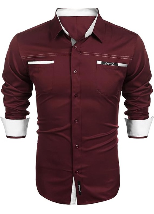 Camasa casual de barbati, cu maneca lunga, 98% bumbac, guler clasic si buzunare frontale, stil business-casual, confortabila si eleganta, Culoare Visiniu, Marimea S