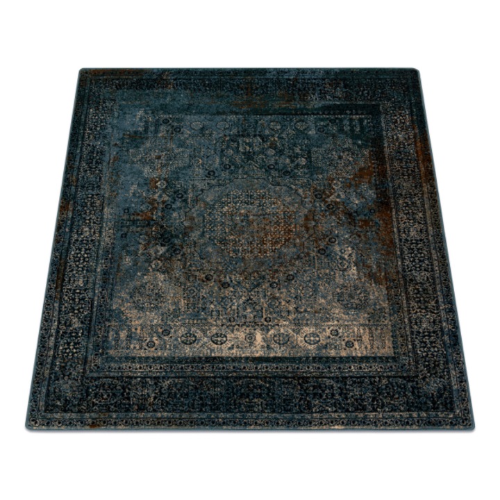 Covor DYWANY ŁUSZCZÓW de lana Omega MAMLUK Patrat - Rozeta vintage albastru inchis, 200x200 cm