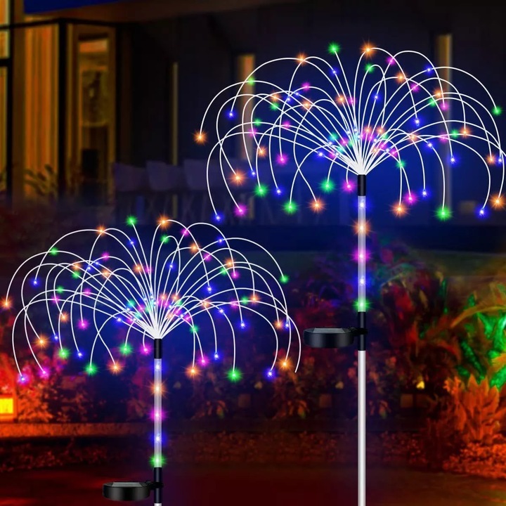 Set de lumi de gradina solare (2 bucati), bibubibu®, 240 becuri LED + 8 moduri, efect de artificii, rezistent la apa IP65, lampa decorativa de curte multicolor