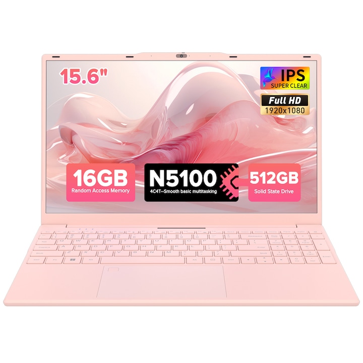 Laptop Auusda cu procesor Intel Alder Celeon N5100,4C/4T, 16GB, 512Go SSD, 15 "6" FHD, Windows 11, Intel UHD Graphics, Roz
