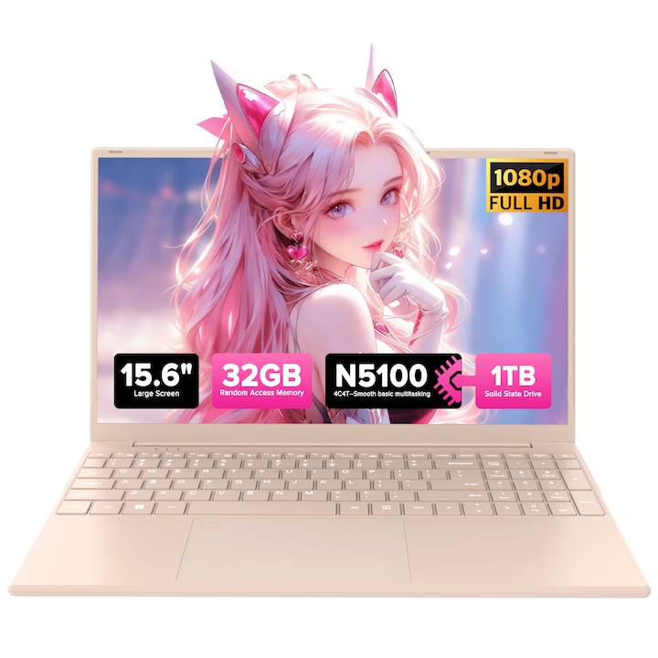 Laptop Gaming Auusda cu procesor intel celeon N5100 pana la 2.80 GHz, 15.6', Full HD,, IPS, 32GB DDR4 RAM, 1TB SSD, Intel UHD Graphics, Windows 11Pro, Rosu