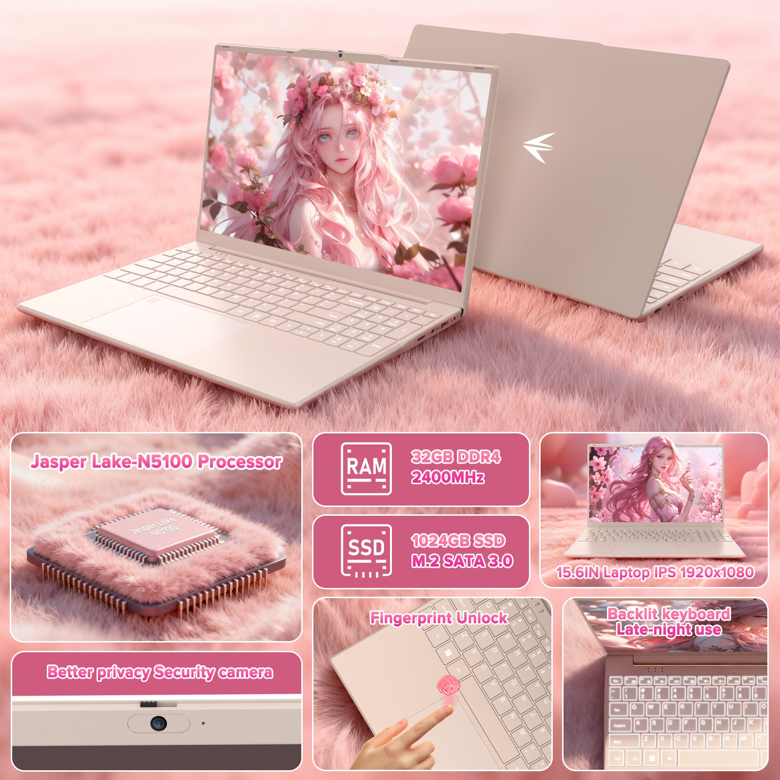 Laptop Auusda cu procesor intel celeon N5100 15.6', Full HD, IPS, 32GB DDR4 RAM, 1TB SSD, Intel UHD Graphics, Windows 11Pro, WiFi5, Tastatura iluminata, amprenta pentru afaceri, Rosu