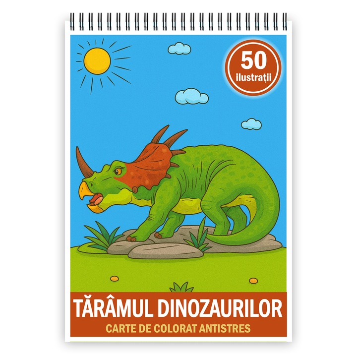 Книжка за оцветяване с 50 илюстрации „Земята на динозаврите“, 106 страници, формат: A4, издател: Cadouri Legendare