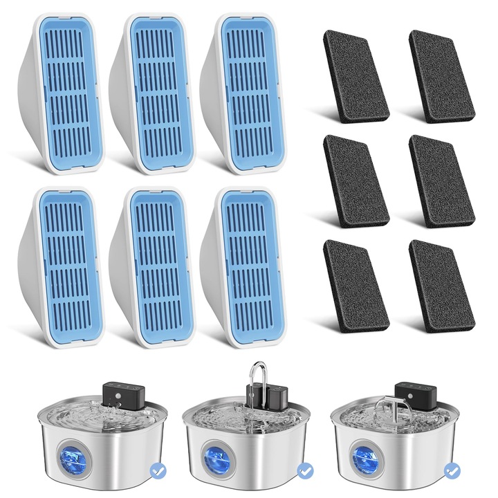 Set 6 filtre de schimb AMYMAT pentru fantana de apa inox 3.2L, retine parul si impuritatile