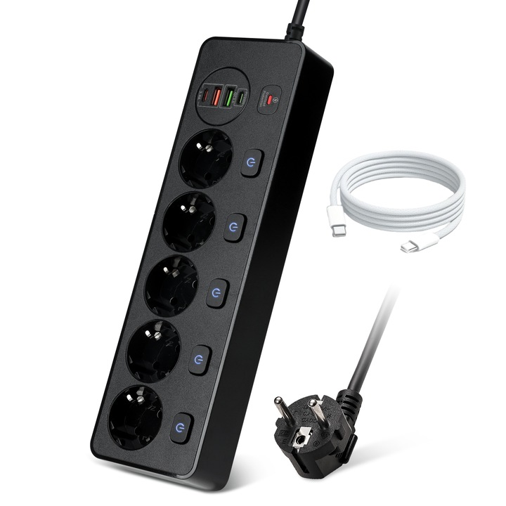 Hosszabbító 5 aljzattal USB-vel, túlfeszültség-védelemmel, QC3.0 + PD 20W, fonott adatkábel 1.5m, hosszú tápkábel (~2m, testtel együtt), fekete
