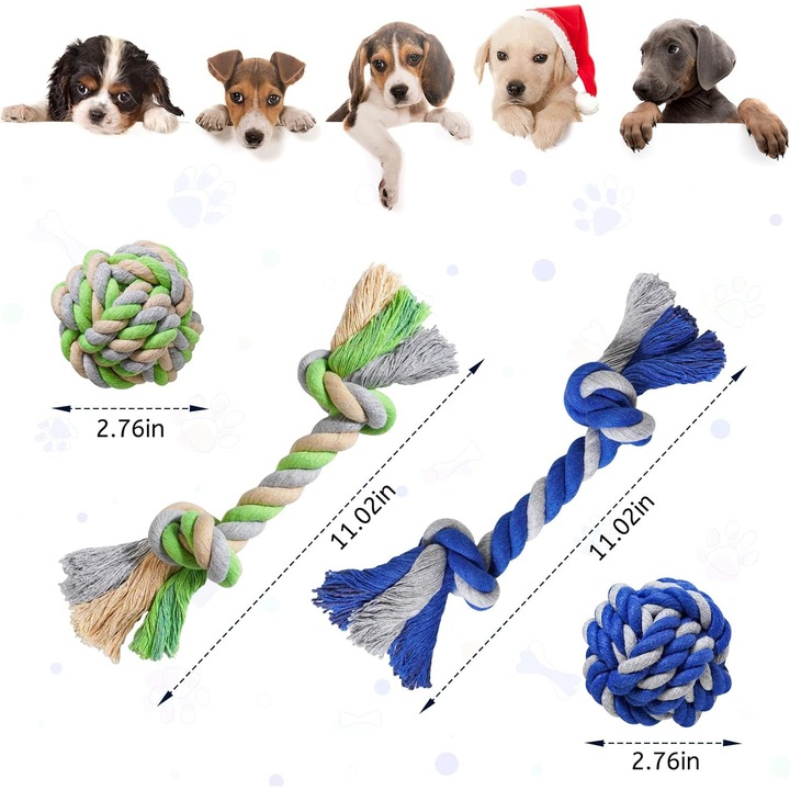 4 db-os pamutkötél játék szett kutyáknak és macskáknak, 7 cm átmérőjű labda, 2 db 28 cm-es csomó