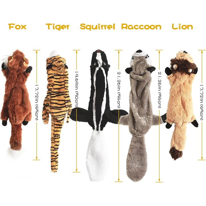 Kutyajáték szett, erdei állatok, töltelék nélküli, 5 darab, Mosómedve, Mókus, Tigris, Róka, Oroszlán, változatos méretek