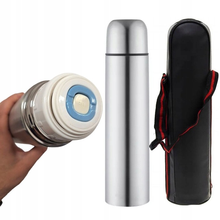 Termos din otel, Azaris, 500 ml, 0, 5 l, pentru bauturi calde si reci, cu capac, cu capac tip cana, argintiu, negru, se poate spala in masina de spalat vase, nou, original, design elegant, practic, compact, usor de