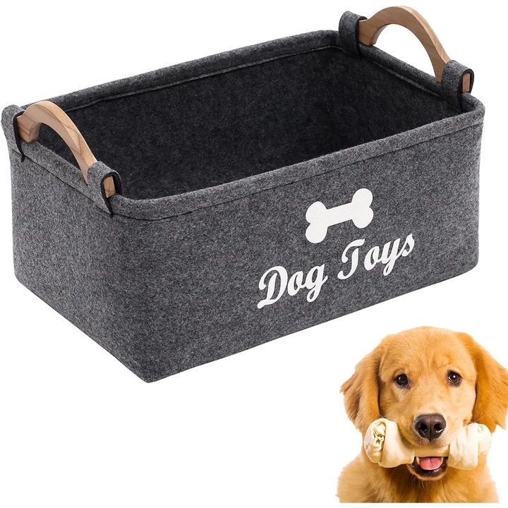 Kutya játék tároló doboz, fa fogantyúval, aranyos dizájn, nagy kapacitású, szürke