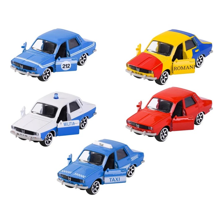 Set 5 mașinuțe metalice Majorette Dacia 1300, 7.5cm, părți mobile, suspensii