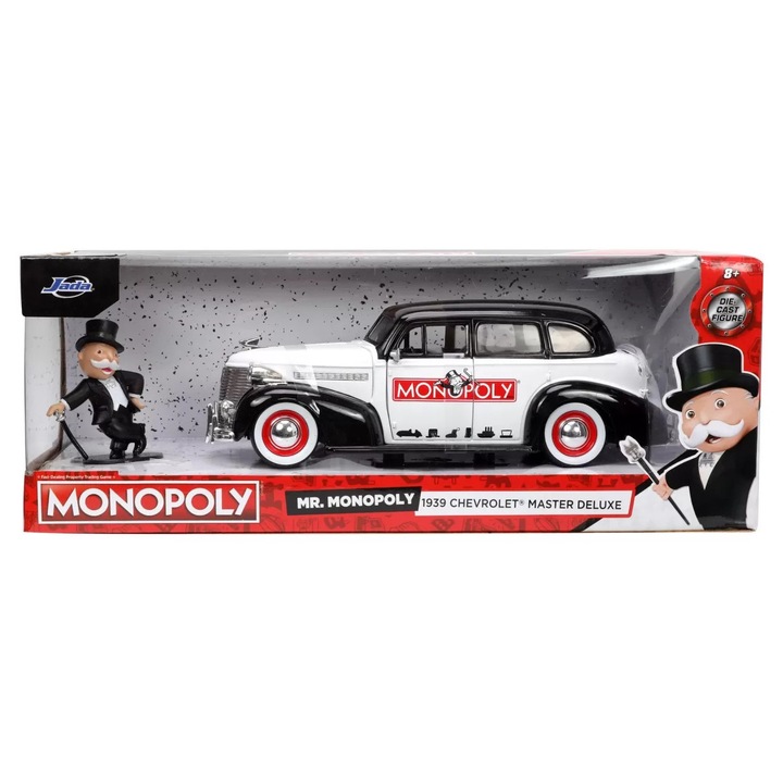 Set masinuta metalica Chevrolet Master Deluxe 1939 1:24, figurina Mr. Monopoly, 8 ani
