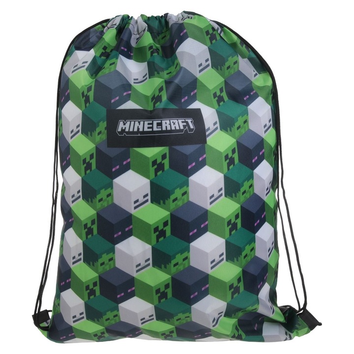 Rucsac Minecraft Negru Verde Gri Tip Saculet 33x45.5cm