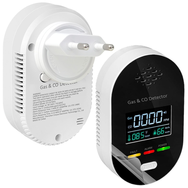 Detector 4 in 1 Monoxid de carbon si Fum, CO, gaz, temperatura, umiditate, Indicator stare led, Senzor electrochimic, Display LCD, Monitorizare in timp real, Sunet de alarma inalt