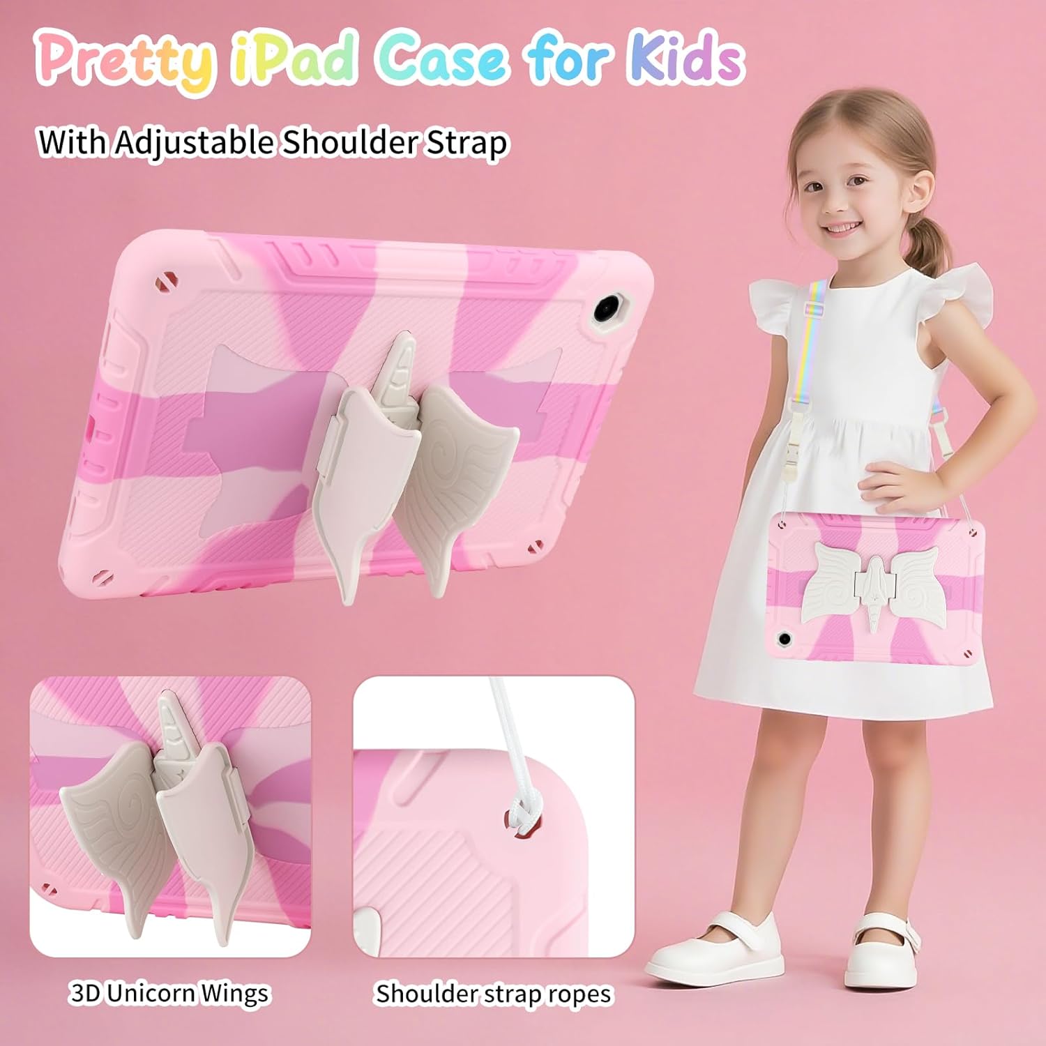 Husa pentru Samsung Galaxy Tab A9+/A9 Plus, 11 inch 2023, SM-X210/SM-X216/SM-X218, rezistenta la socuri, pentru copii si fete, cu curea de umar cu suport unicorn