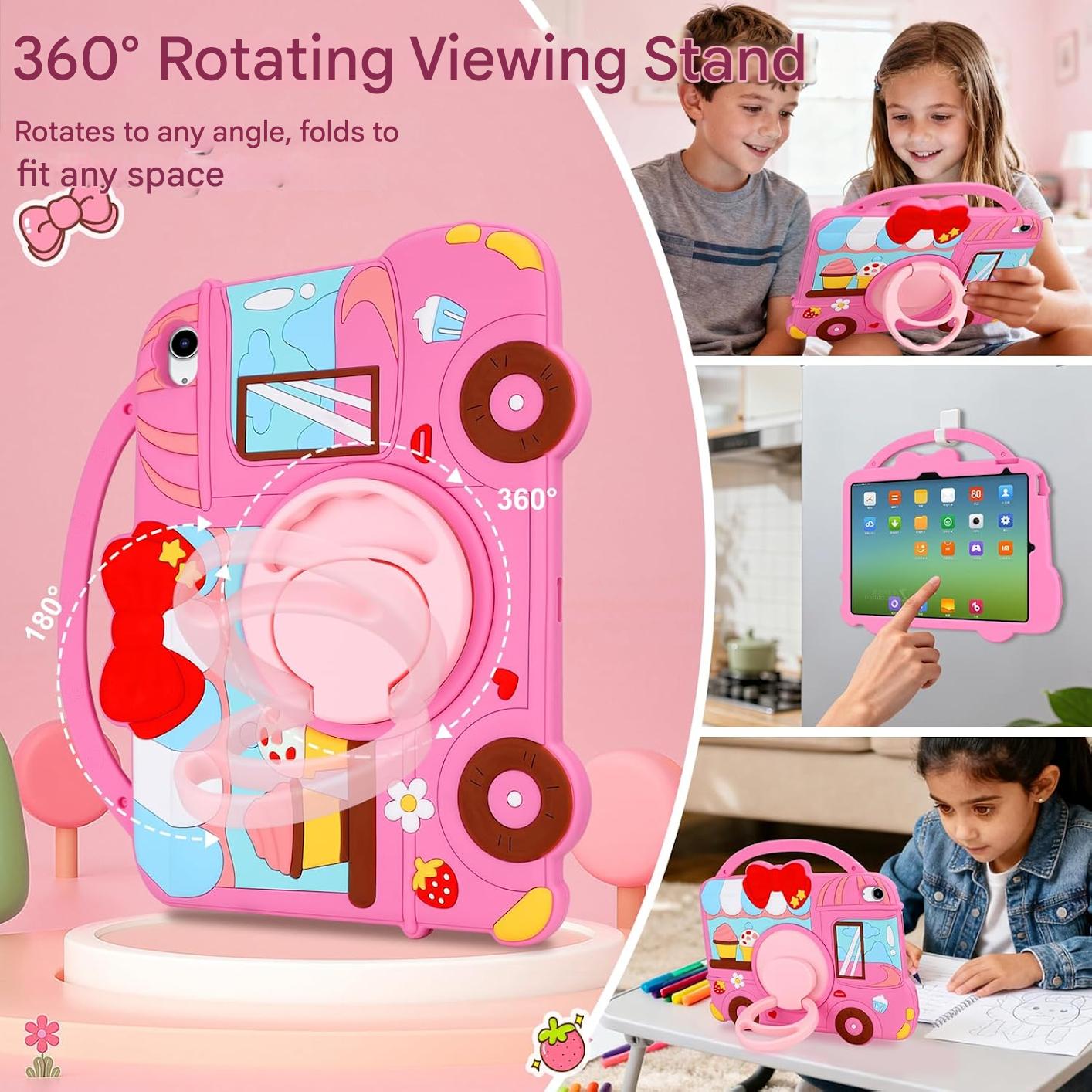 Husa pentru iPad a 11-a generatie (A16) 2025 / iPad a 10-a generatie 10.9 2022, pentru fete, cu design dragut inghetata, deserturi, cu curea de umar rotativa, suport, protectie din silicon, roz
