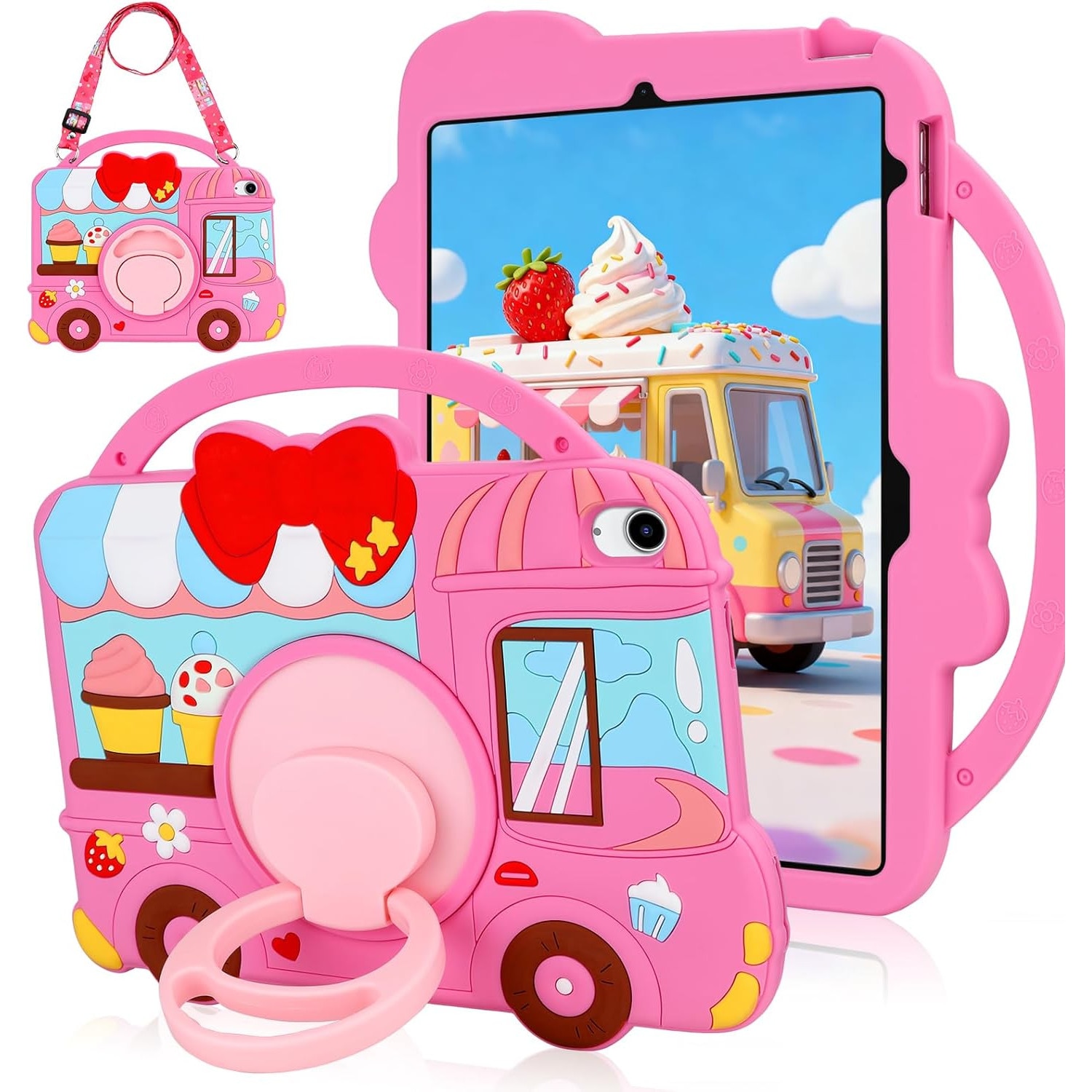 Husa pentru iPad a 11-a generatie (A16) 2025 / iPad a 10-a generatie 10.9 2022, pentru fete, cu design dragut inghetata, deserturi, cu curea de umar rotativa, suport, protectie din silicon, roz