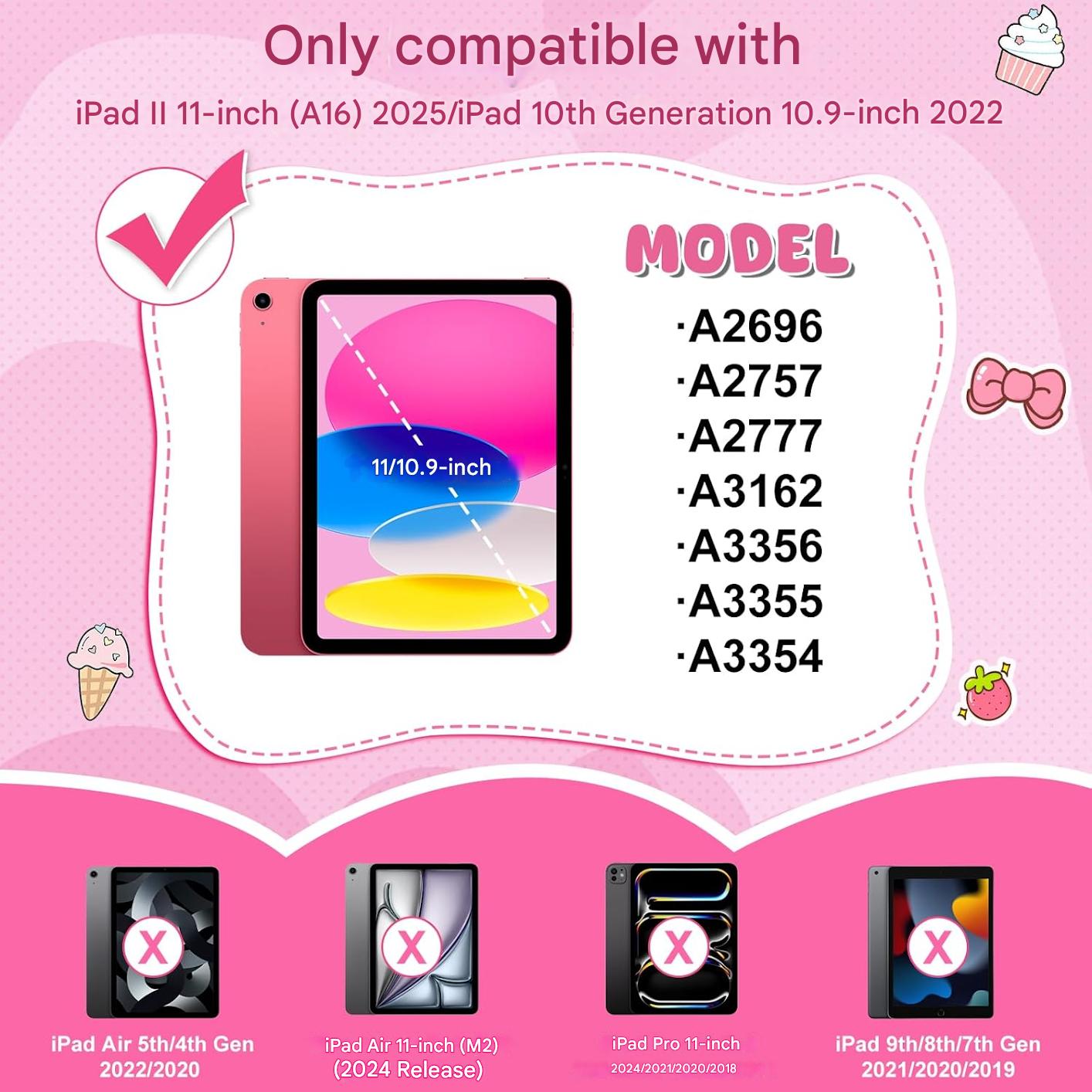 Husa pentru iPad a 11-a generatie (A16) 2025 / iPad a 10-a generatie 10.9 2022, pentru fete, cu design dragut inghetata, deserturi, cu curea de umar rotativa, suport, protectie din silicon, roz