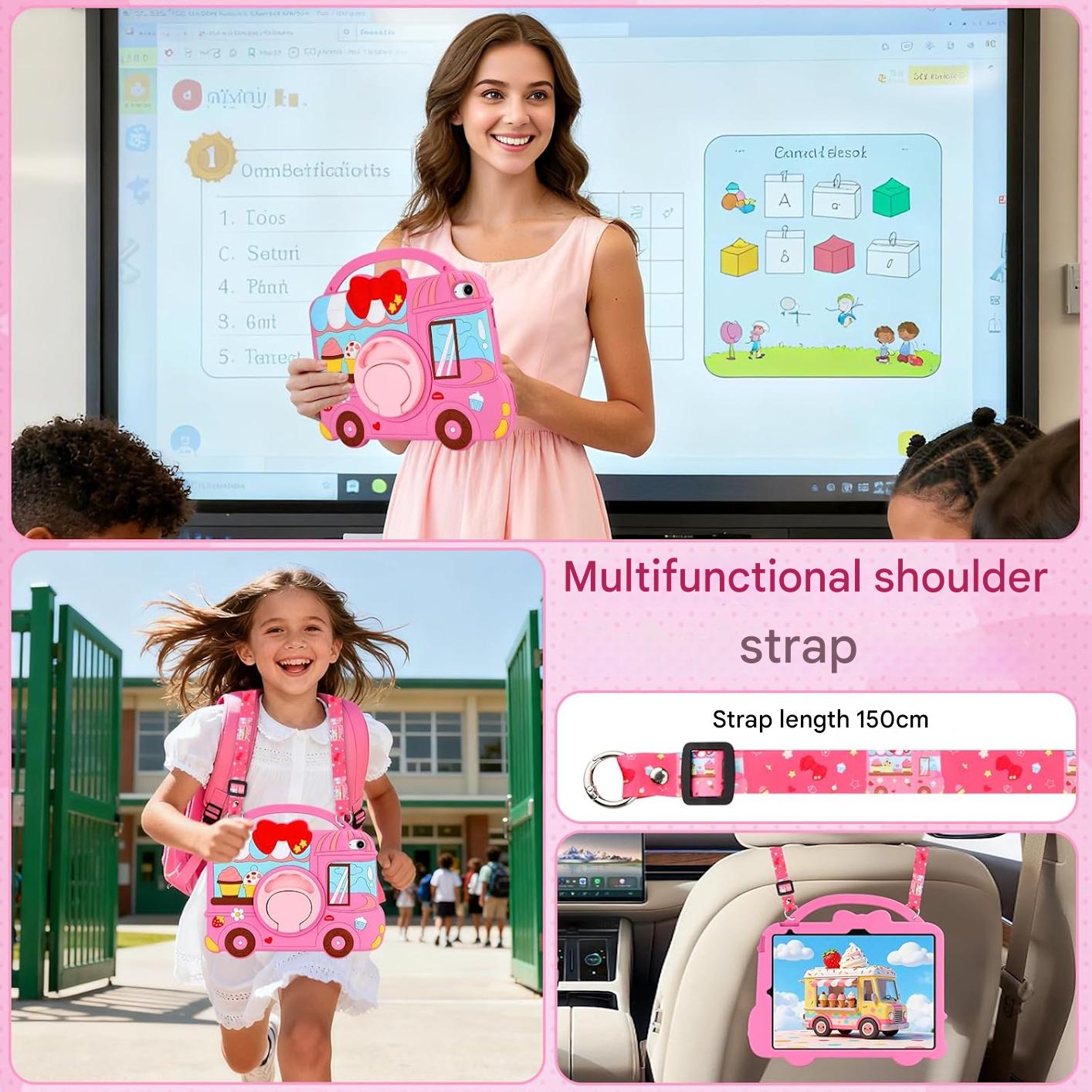 Husa pentru iPad a 11-a generatie (A16) 2025 / iPad a 10-a generatie 10.9 2022, pentru fete, cu design dragut inghetata, deserturi, cu curea de umar rotativa, suport, protectie din silicon, roz