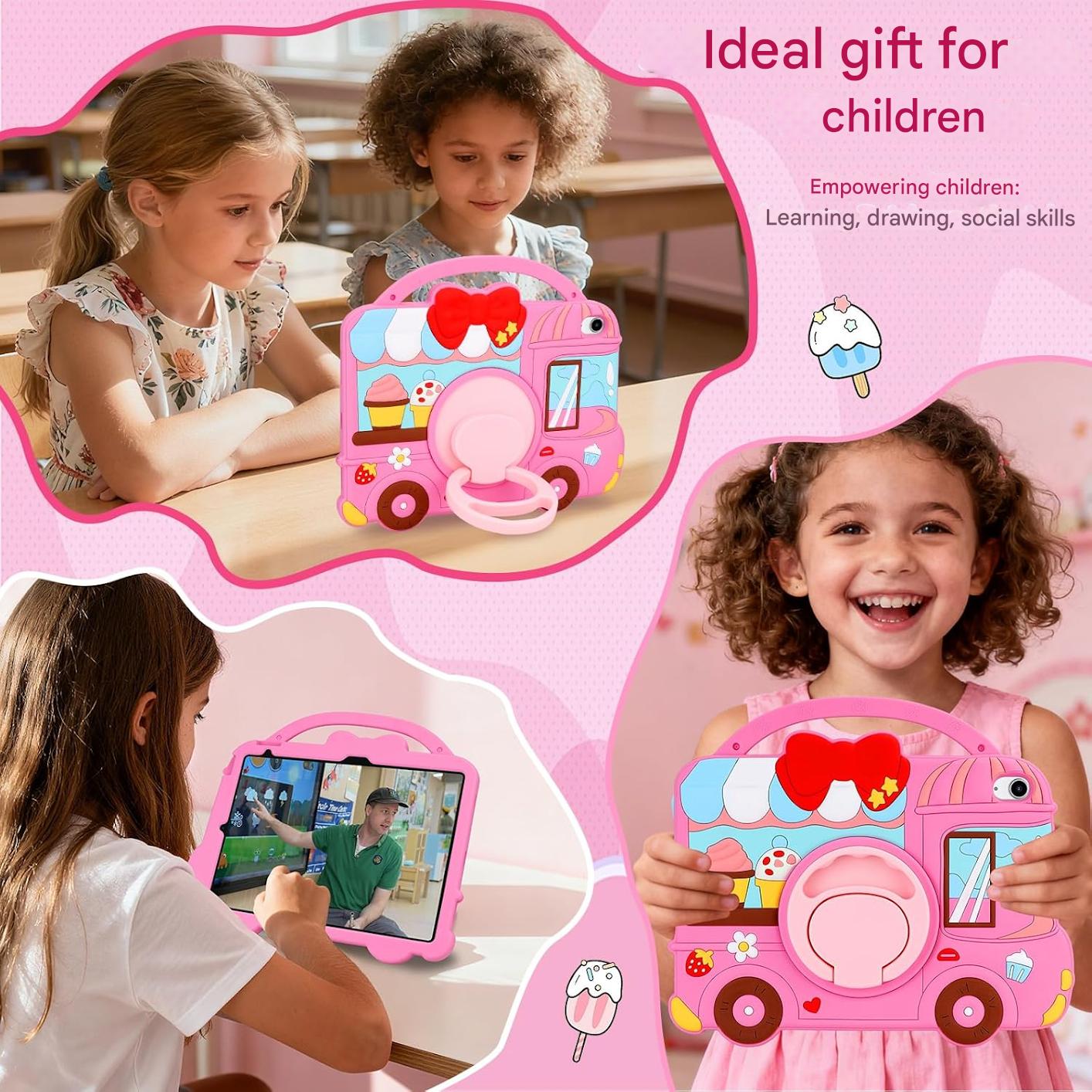 Husa pentru iPad a 11-a generatie (A16) 2025 / iPad a 10-a generatie 10.9 2022, pentru fete, cu design dragut inghetata, deserturi, cu curea de umar rotativa, suport, protectie din silicon, roz