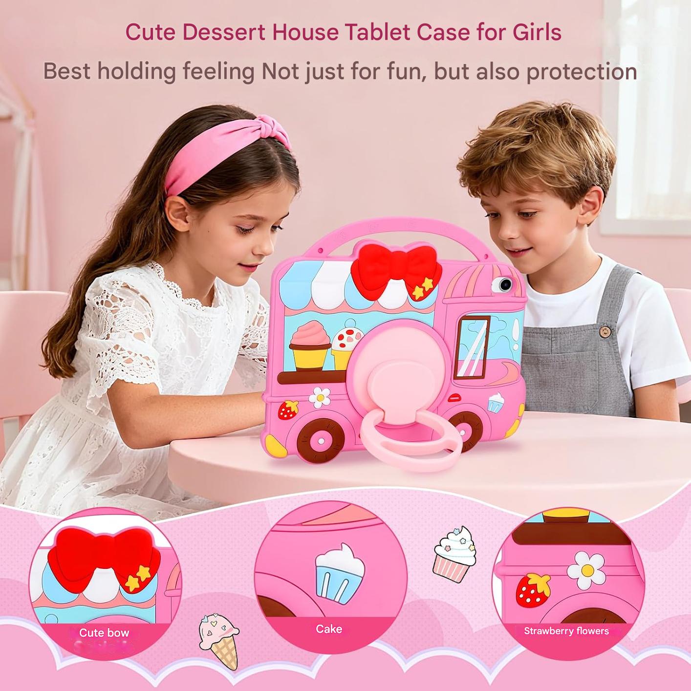 Husa pentru iPad a 11-a generatie (A16) 2025 / iPad a 10-a generatie 10.9 2022, pentru fete, cu design dragut inghetata, deserturi, cu curea de umar rotativa, suport, protectie din silicon, roz
