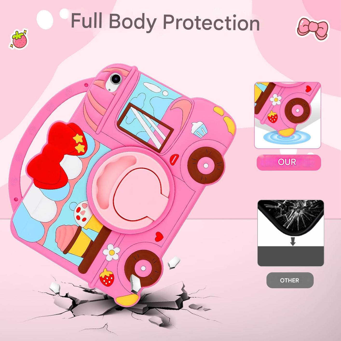 Husa pentru iPad a 11-a generatie (A16) 2025 / iPad a 10-a generatie 10.9 2022, pentru fete, cu design dragut inghetata, deserturi, cu curea de umar rotativa, suport, protectie din silicon, roz