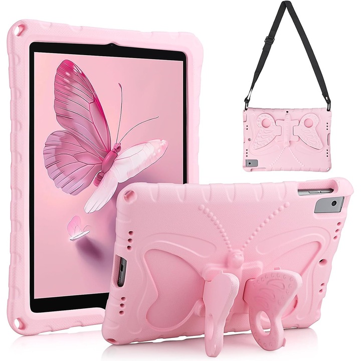 Калъф за iPad 9-то/8-мо/7-мо поколение, 10,2 инча, 2021/2020/2019, за деца, розов, удароустойчив, със стойка тип пеперуда и презрамка