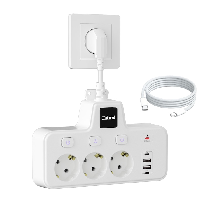 Разклонител с 3 контакта и 4 USB порта (2xUSB-A + 2xUSB-C), защита от претоварване, дизайн за монтиране на стена, с 1.5м плетен USB-C кабел за данни, бял