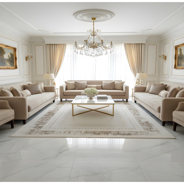 Covor clasic Pala Carpet VIERA PLUS, model cu bordura decorativa alb-crem, 150×230 cm, grosime 11 mm, antialergic, antistatic, fabricat in Turcia