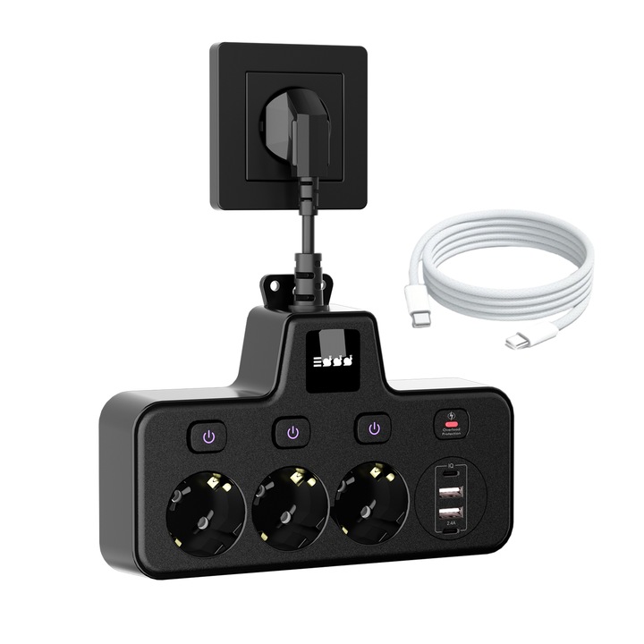 Удължител с 3 контакта и 4 USB порта (2xUSB-A + 2xUSB-C), защита от претоварване, дизайн за стенен монтаж, с 1.5м плетен USB-C кабел за данни, Черен