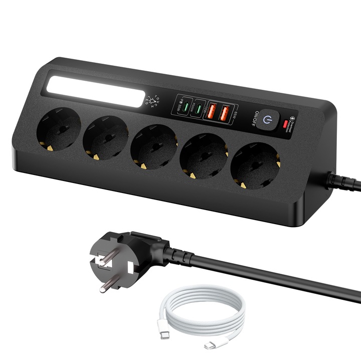 Prelungitor de birou cu 5 prize si 4 porturi USB (PD35W + PD20W), priza multipla cu lumina LED, cu intrerupator si cablu de 2 m, include cablu impletit de 1.5 m, pentru birou si casa, Negru