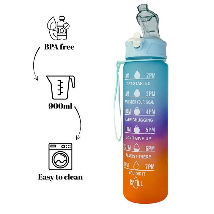 Sticla de apa 900 ml Joy, cu pai, gradatie si capac anti-scurgere, fara BPA