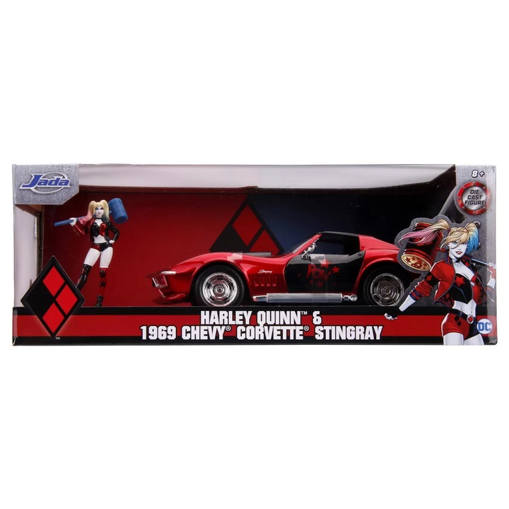 Masinuta metalica Simba, Chevy Corvette 1969, figurina Harley Quinn, scara 1:24, rosu-negru, 7cm