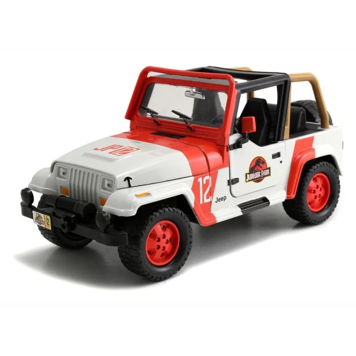Masinuta metalica Simba Jeep Wrangler Jurassic World 1992, roti din cauciuc, detalii decorative, 1:24