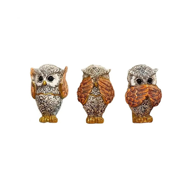 Set de 3 figurine bufnite, sculpturi decorative, galben-auriu, dimensiune compactă
