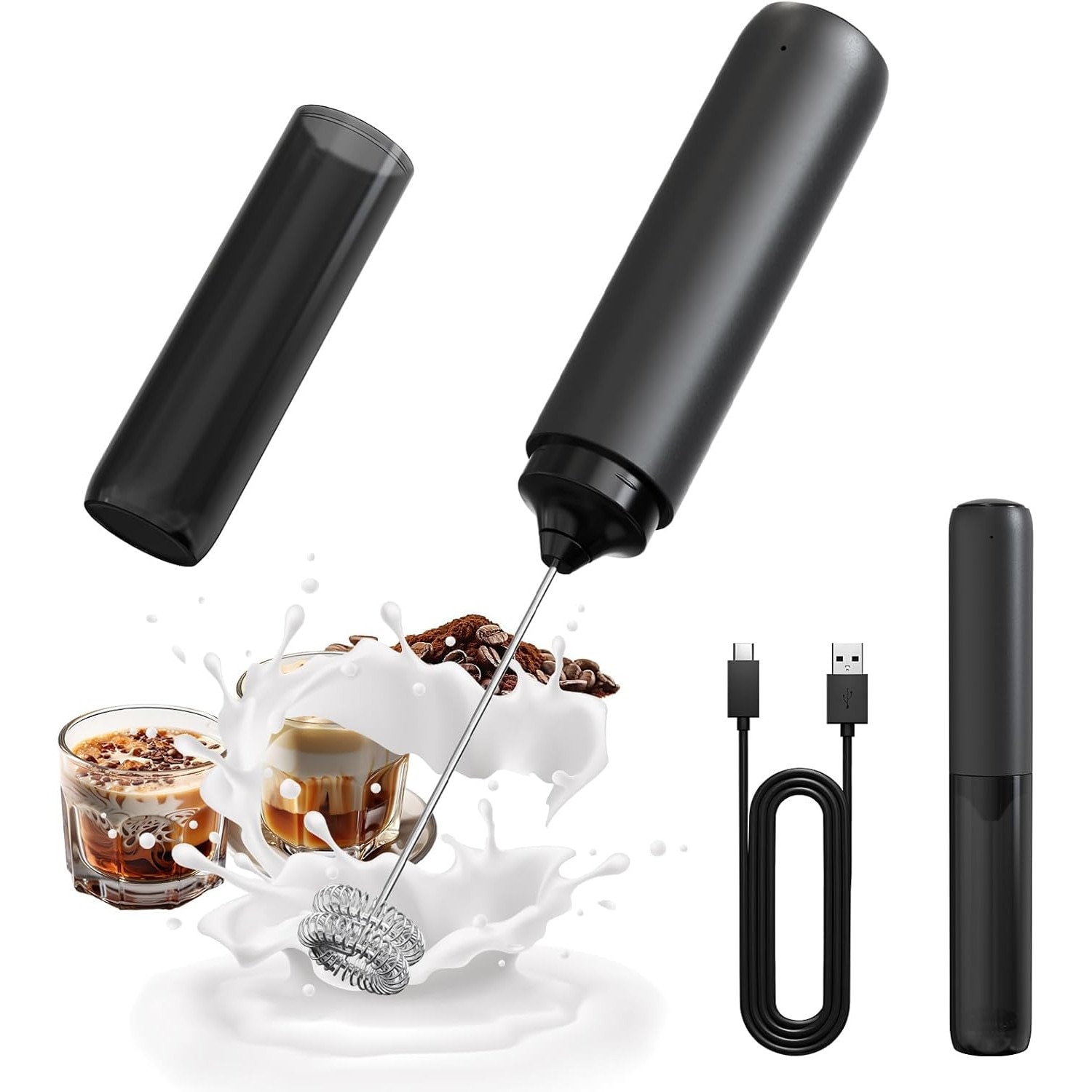CAVN Schiumatore per latte elettrico con doppio manico in schiuma ricaricabile tramite USB con