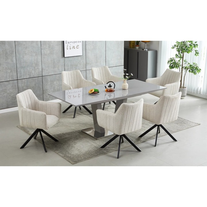 Set Masa Living Extensibila KJT382 Gri cu 6 Scaune KJC385 Bej