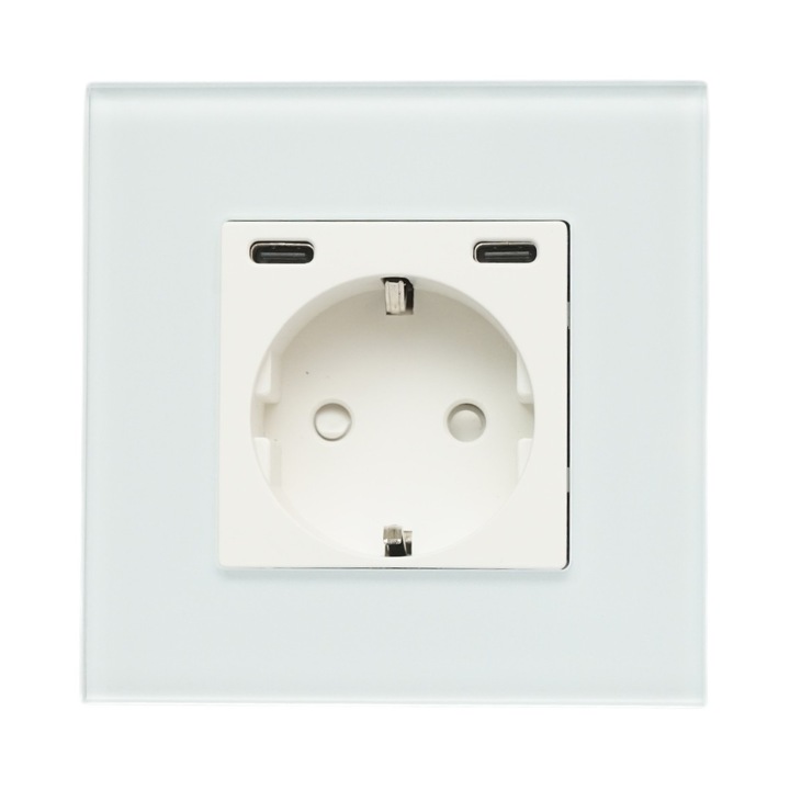 Priză Schuko simplă, Breckner Germany, 2xUSB-C 20W, alb, 86x86x34mm