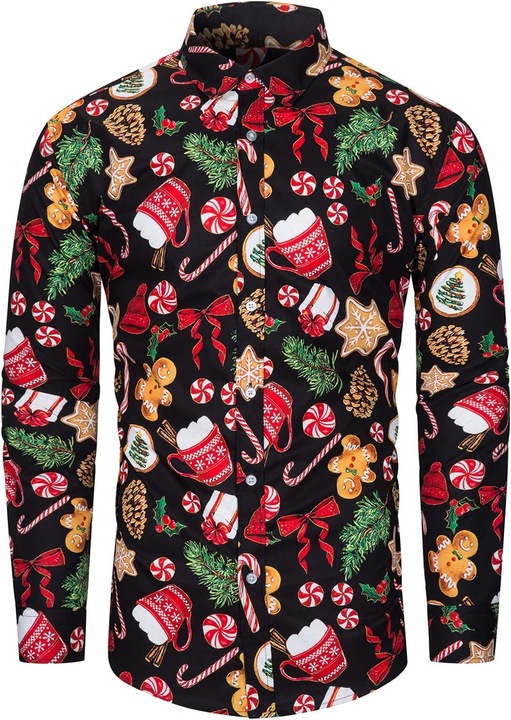 Camasa barbateasca de Craciun cu maneca lunga – imprimeuri festive cu cadouri colorate, confort premium, cadou ideal pentru sarbatori, Negru Multicolor, Marimea 2XL