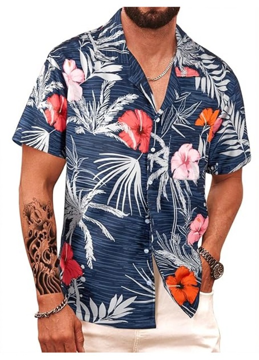 Camasa hawaiiana barbati, maneca scurta, inchidere cu nasturi, uscare rapida, L