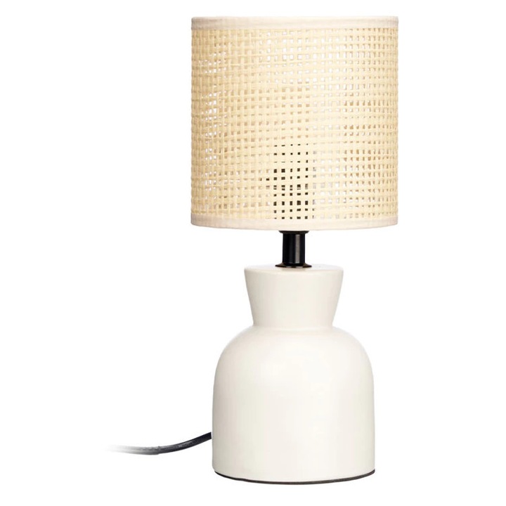 Lampa Decorativa GiftDecor, design Rotund, Ceramica, 32.5 cm, abajur Textil, Eleganta, culoare Alb cu accente Galbene