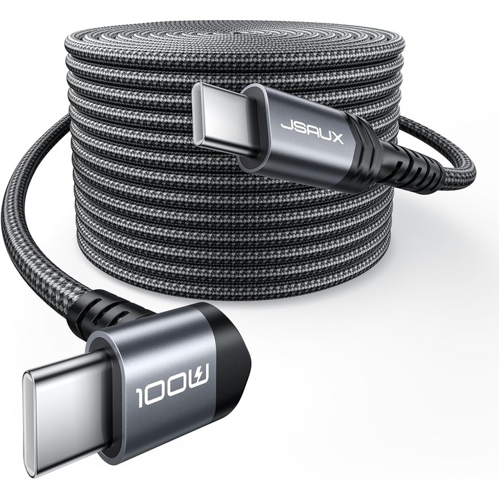 Cablu USB C la USB C 10FT, Hrusitoo, design unghi drept, incarcare rapida 100W, compatibil cu iPhone 15/16, MacBook, Galaxy S25/S24