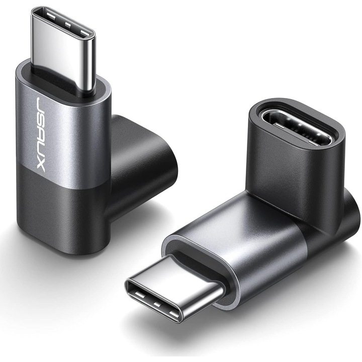 Adaptor USB C unghi de 90 grade, Hrusitoo, 100W, 40Gbps, set de 2, gri