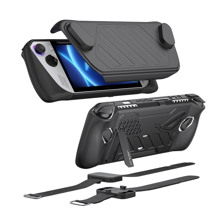 Carcasa de protectie Hrusitoo pentru ROG Ally, set de baza, negru, suport metalic, sloturi pentru carduri SD